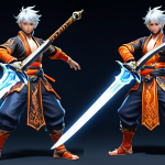 **

A Blade & Soul character (Sword Master class - Soul Blade specialization) executing a flashy, fast-paced sword skill with vibrant effects. The character is wearing a stylized costume, showcasing the visual changes after awakening. Focus on dynamic action and visual appeal.

**