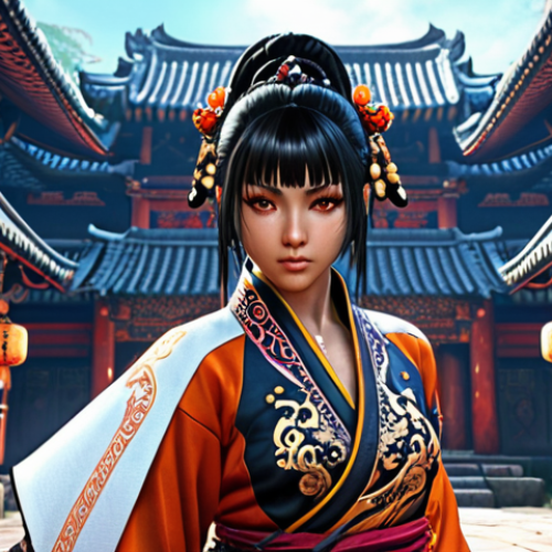 A Blade & Soul character in ornate Eastern-inspired clothing, showcasing intricate details and vibrant colors, with a background suggesting a mystical martial arts world.