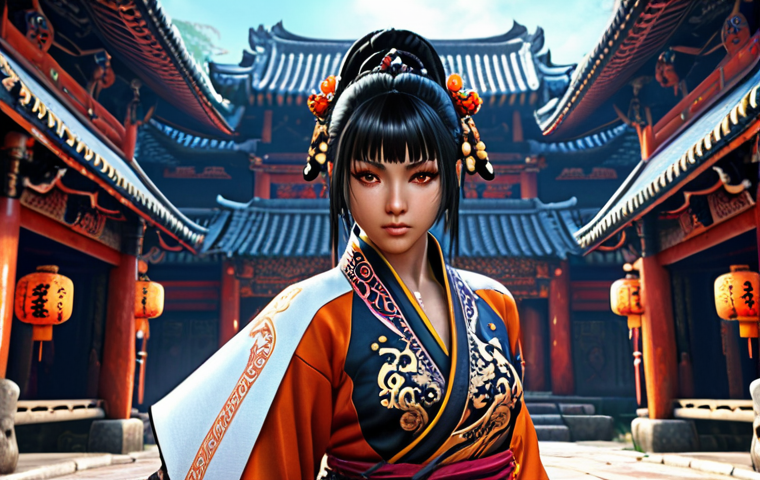 A Blade & Soul character in ornate Eastern-inspired clothing, showcasing intricate details and vibrant colors, with a background suggesting a mystical martial arts world.